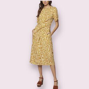 NWT Lost + Wander Yellow Geometric Midi Dress Sz S Linen Blend Tie Waist Pockets
